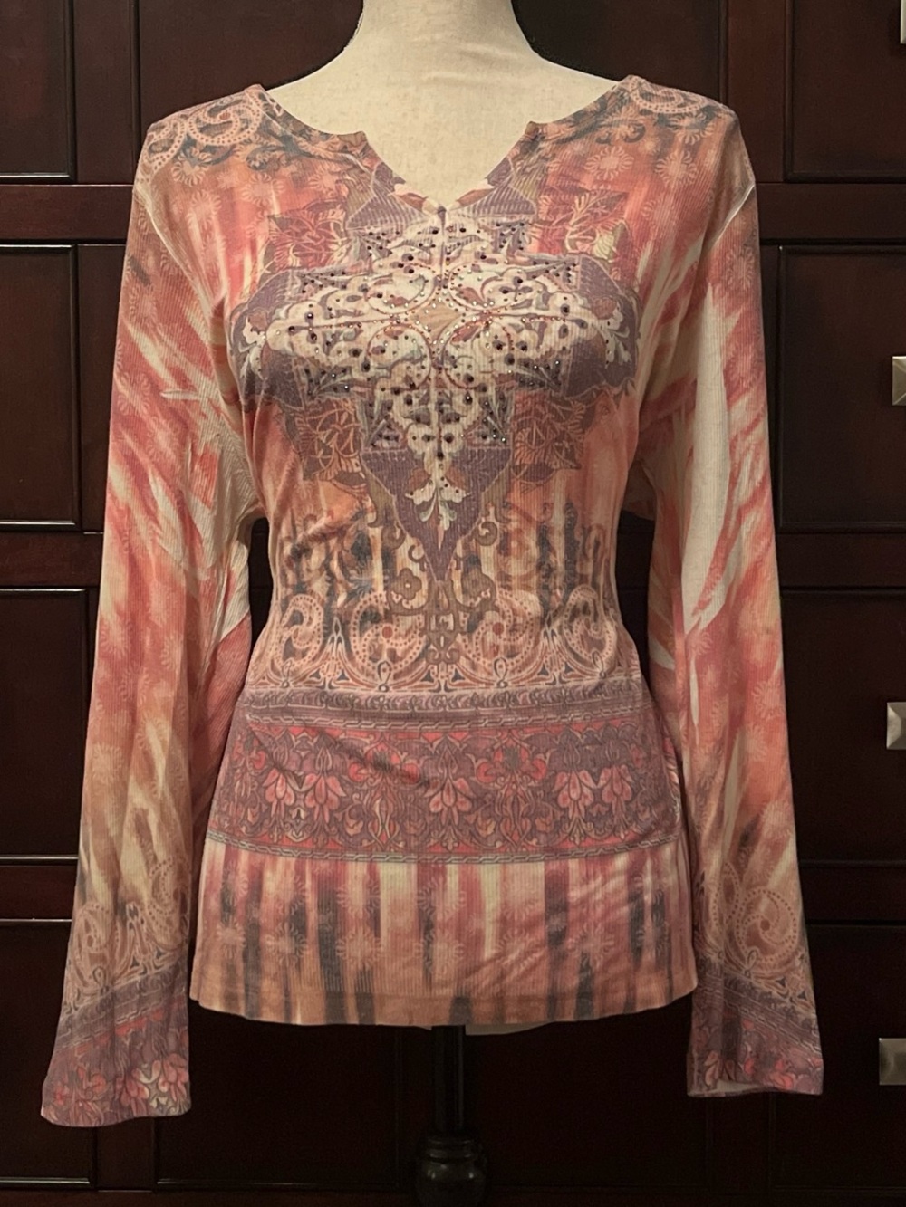 Kiara Coral and Cream Long-Sleeve Embellished Medallion Top